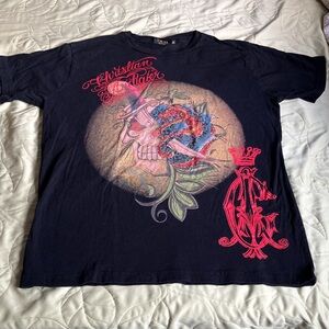 Christian Audigier Black Tee with Neon Pink Skull & Snake Graphic